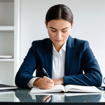 A professional adult in a modest business casual outfit, sitting at a modern desk in a well-lit, minimalist home office. The individual is holding a sleek journal and a pen, appearing deeply focused on writing or thoughtful self-reflection, symbolizing cognitive processing and the connection between thoughts, emotions, and behaviors. The atmosphere is calm and conducive to introspection. This image is fully clothed, appropriate attire, safe for work, professional, with perfect anatomy, correct proportions, natural pose, well-formed hands, and proper finger count. High-quality professional photography.