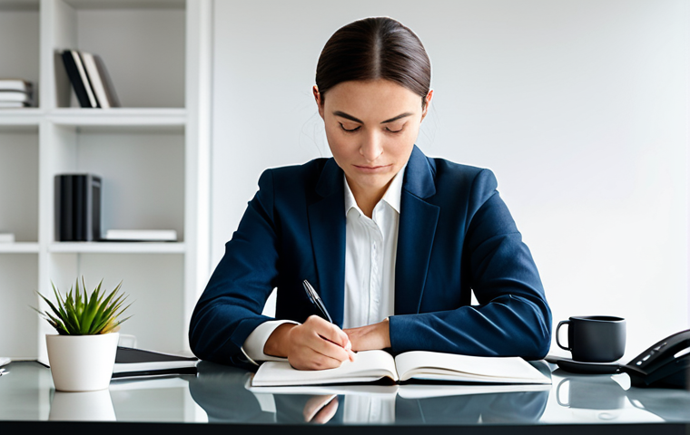 A professional adult in a modest business casual outfit, sitting at a modern desk in a well-lit, minimalist home office. The individual is holding a sleek journal and a pen, appearing deeply focused on writing or thoughtful self-reflection, symbolizing cognitive processing and the connection between thoughts, emotions, and behaviors. The atmosphere is calm and conducive to introspection. This image is fully clothed, appropriate attire, safe for work, professional, with perfect anatomy, correct proportions, natural pose, well-formed hands, and proper finger count. High-quality professional photography.