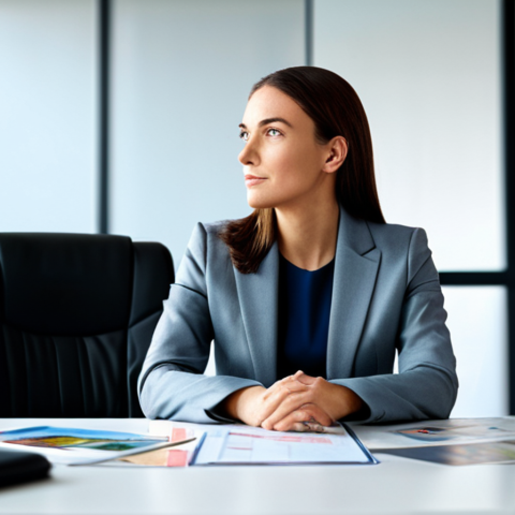 The Reflective Entrepreneur**
A professional businesswoman in a modest business suit, sitting at a desk in a modern office, looking thoughtfully at a vision board filled with positive affirmations and inspiring images. The background is blurred, creating a sense of focus on her. Fully clothed, appropriate attire, safe for work, perfect anatomy, natural proportions, professional photography, high quality, family-friendly.
**