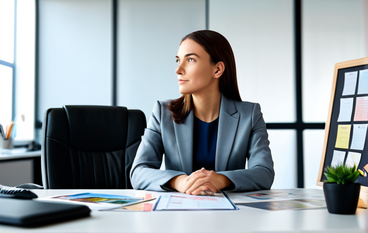 The Reflective Entrepreneur**
A professional businesswoman in a modest business suit, sitting at a desk in a modern office, looking thoughtfully at a vision board filled with positive affirmations and inspiring images. The background is blurred, creating a sense of focus on her. Fully clothed, appropriate attire, safe for work, perfect anatomy, natural proportions, professional photography, high quality, family-friendly.
**
