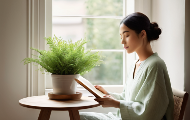 자기 반성을 위한 스스로 질문하기 - **Prompt: Serene Introspection and Emotional Clarity**
"A person, appearing to be a woman in her...