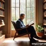 Home 21 심층 내면 탐색을 위한 독서 추천 목록 - A serene, cozy reading nook bathed in warm natural light, featuring a comfortable armchair with a pe...