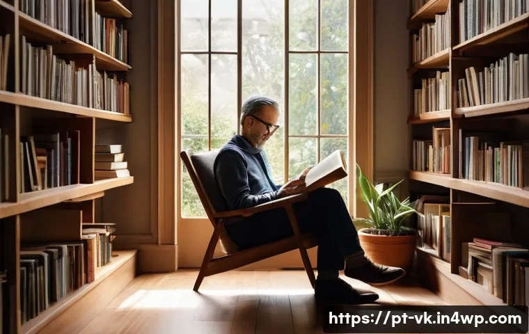 심층 내면 탐색을 위한 독서 추천 목록 - A serene, cozy reading nook bathed in warm natural light, featuring a comfortable armchair with a pe...