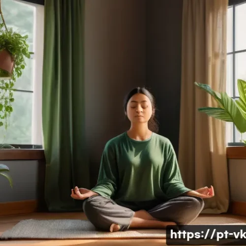 Home 32 내면의 목소리에 귀 기울이는 방법 - A serene indoor meditation scene set in a cozy, softly lit room with warm natural light filtering th...