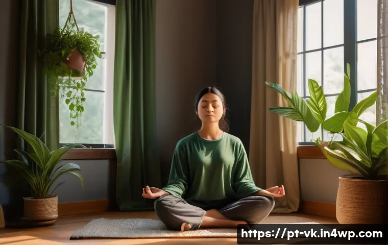 내면의 목소리에 귀 기울이는 방법 - A serene indoor meditation scene set in a cozy, softly lit room with warm natural light filtering th...
