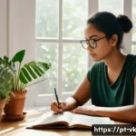 Home 19 자기 탐색과 인생 방향 설정의 관계 - A peaceful, cozy home office scene with a young adult woman of Brazilian descent sitting at a wooden...