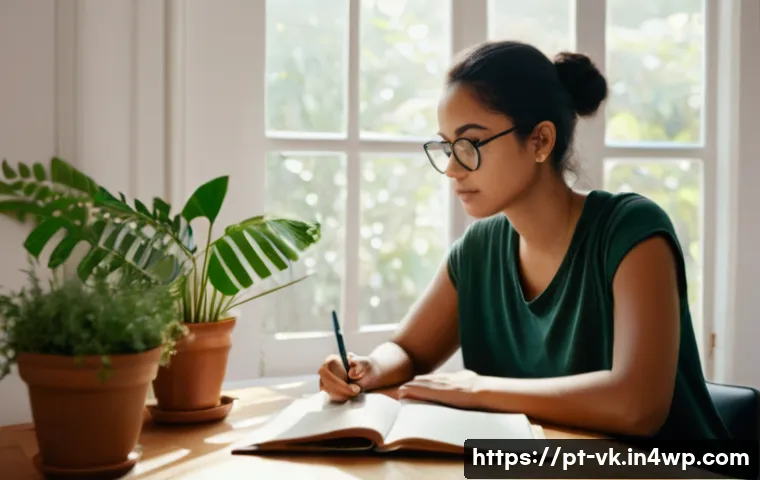 자기 탐색과 인생 방향 설정의 관계 - A peaceful, cozy home office scene with a young adult woman of Brazilian descent sitting at a wooden...