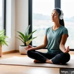 Home 23 심층 내면 탐색을 위한 온라인 리소스 - A serene scene of a young adult woman practicing guided meditation at home, sitting cross-legged on ...