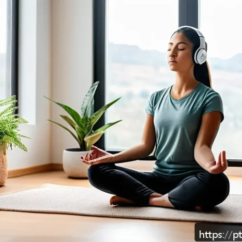 Home 17 심층 내면 탐색을 위한 온라인 리소스 - A serene scene of a young adult woman practicing guided meditation at home, sitting cross-legged on ...