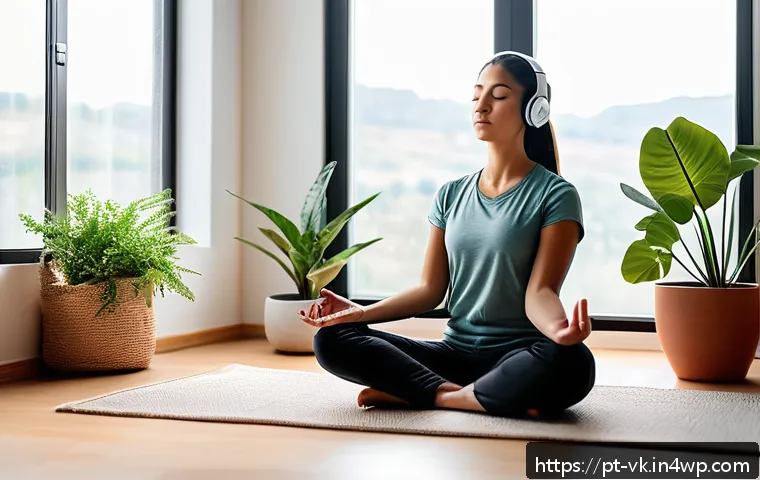 심층 내면 탐색을 위한 온라인 리소스 - A serene scene of a young adult woman practicing guided meditation at home, sitting cross-legged on ...